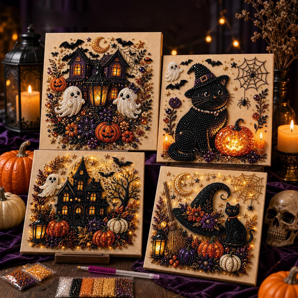 Painting Supplies - ハロウィンゴースト＆パンプキン3DパールアートDIYキット 3Dパールモザイククラフトセット かわいい黒猫ゴーストパンプキンキャンバスアート ホームデコレーション