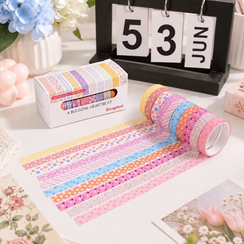 Scrapbooking - 10個入り、パステルカラーの花柄和紙テープ、幅8mm、長さ2m。様々な花柄、チェック柄、ドット柄、ストライプ柄のアソート。ジャーナル、スクラップブック、DIYクラフト、ボーダー装飾、ギフトに。