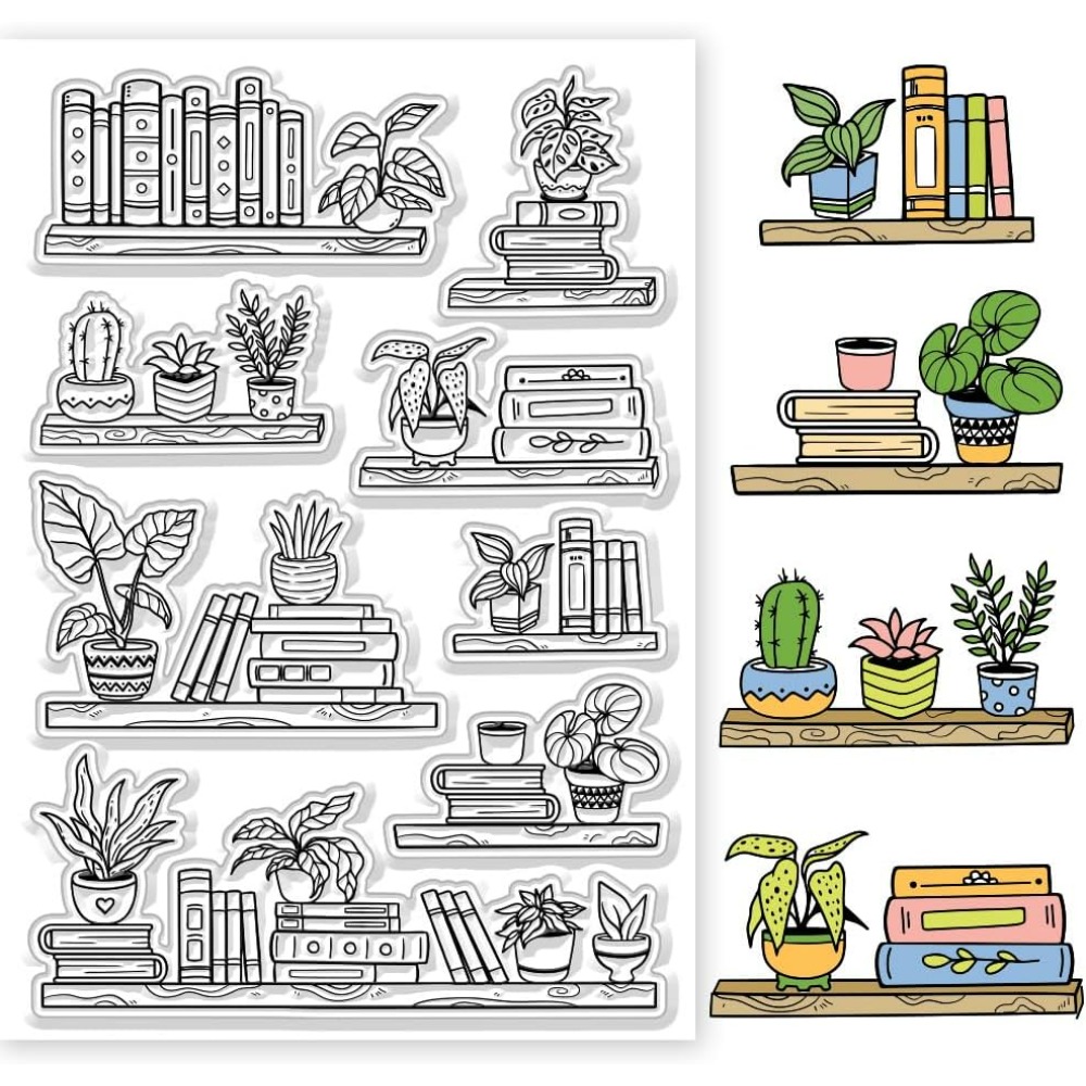 鉢植えの本棚,透明なスタンプ,本と植物のエンボス加工,日曜大 - Clear Silicone Stamps For Card Making のレビューと価格